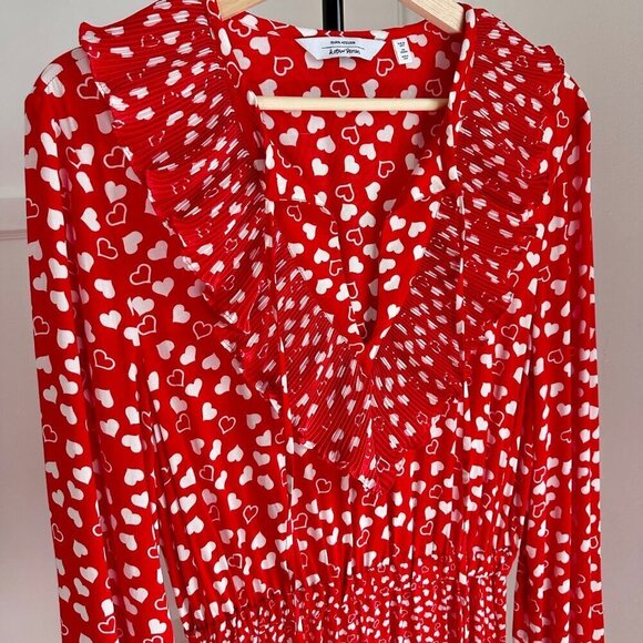 And Other Stories Frill Neck Red Love Heart L/S Midi Dress Paris Atelier, Size 6 - Picture 8 of 12